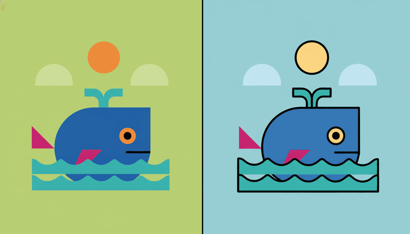 The same geometric whale shown twice side by side — on the left a cobalt block body with a magenta triangle fin, a turquoise spout and an orange circle eye, carrying no outline at all and separated from the teal waves and the lime sky only where two saturated colours collide; on the right the identical shapes ringed with a very thick black contour line, against a calmer pale blue sky with a soft yellow sun