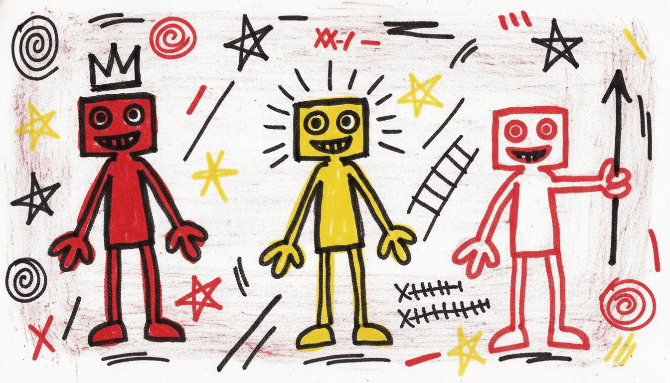 Three crude marker-drawn child figures grinning on a scrubbed off-white ground crowded with hand-scrawled marks — on the left a solid red figure wearing a jagged black three-point crown, in the middle a flat yellow figure with a halo of short black rays scribbled all around its head, and on the right a red-outlined white figure holding up a long black arrow like a staff — with black and red spirals, five-pointed stars in yellow, black and red, a crooked ladder, rows of crossed tally strokes and scattered diagonal slashes filling the space between and around them