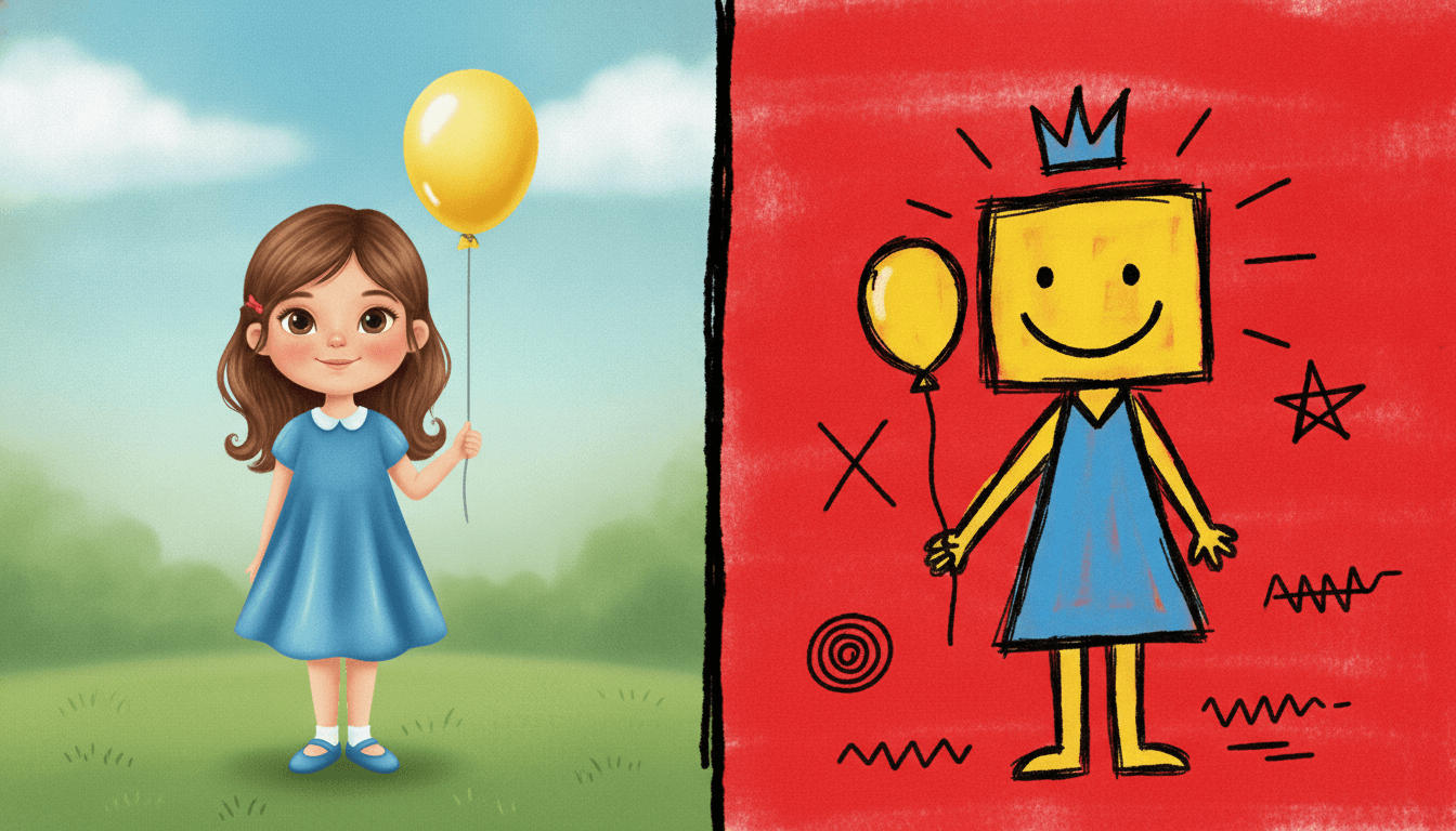 One frame split down the middle by a thick crooked black line, showing the same girl holding the same yellow balloon drawn two ways: on the left a smoothly finished illustration with realistic proportions, a detailed face, brown hair, a blue dress with soft shading, a graduated sky and a shadow on the grass; on the right the same girl redrawn in crude marker on a scrubbed red ground as a blocky yellow head with dot eyes and a single curved grinning line for a mouth, a scrawled blue dress, stick-thin limbs, a blue three-point crown, short black rays around her head, and her balloon now a matte scribbled yellow blob with no shine on a wobbling line, surrounded by a black X, a spiral, a star and rows of zigzag scrawl