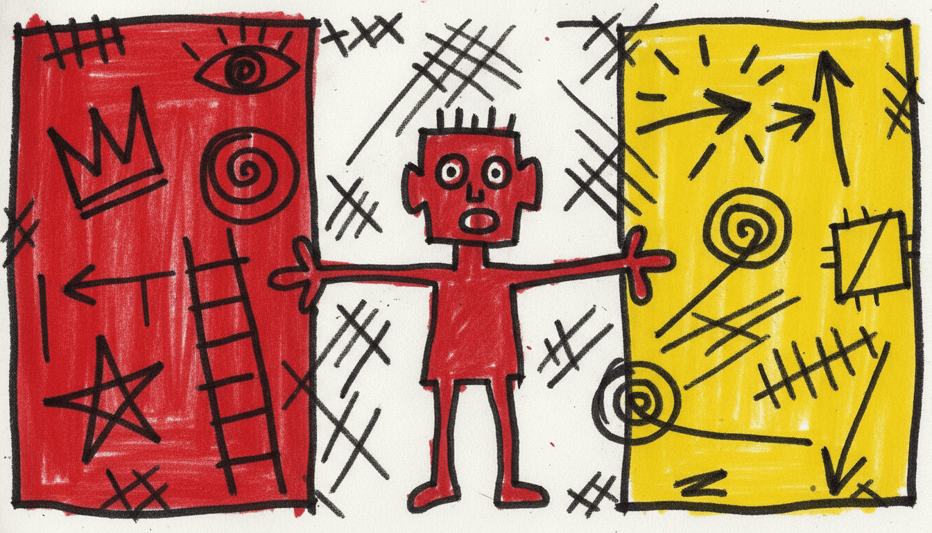 A frame divided into three vertical fields — scrubbed red on the left, off-white in the middle, electric yellow on the right — with one red marker-drawn figure standing in the centre with both arms stretched out towards the outer thirds, and the space around it packed with hand-scrawled sign-shapes: a large black crown, a single staring eye, a spiral, a crooked ladder and a five-pointed star in the red field, and arrows, a second spiral, a crossed-out square, a halo of short rays and rows of tally strokes in the yellow field, with crossing diagonal slashes scribbled across the middle