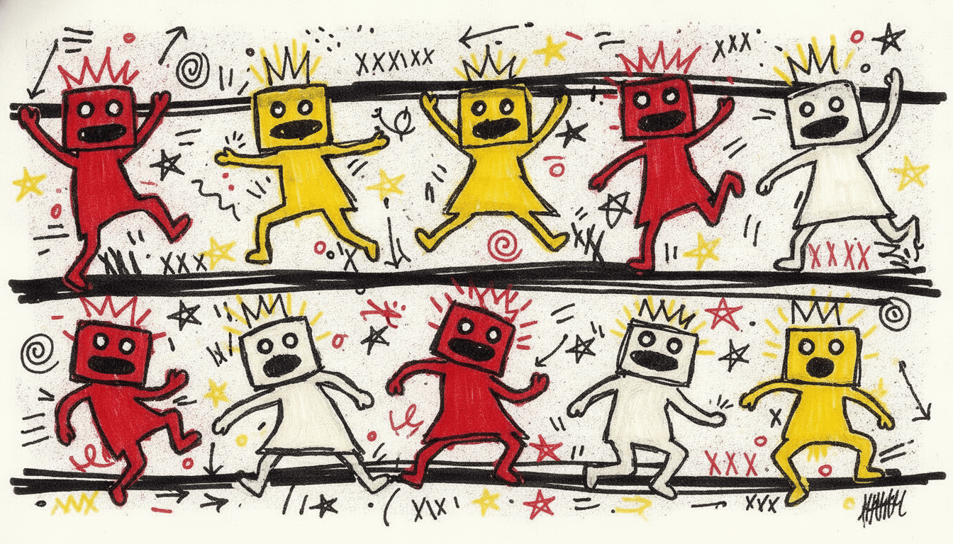A crowd of crude marker-drawn figures packed across an off-white ground in two registers divided by thick crooked black bands, each figure filled in red, electric yellow or off-white, each with a blocky head, dot eyes and a wide open laughing mouth, each thrown into a different position with arms up, arms wide, one leg kicked out or mid-hop, and every single one wearing a scrawled crown or a halo of short red and yellow rays, with stars, spirals, arrows, crossed-out marks and rows of scribble filling every gap between them