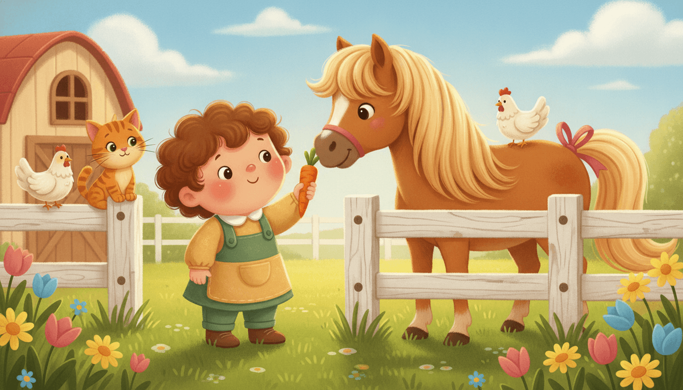 A happy child feeding a juicy carrot to a gentle smiling pony over a white paddock fence while a friendly stable cat watches