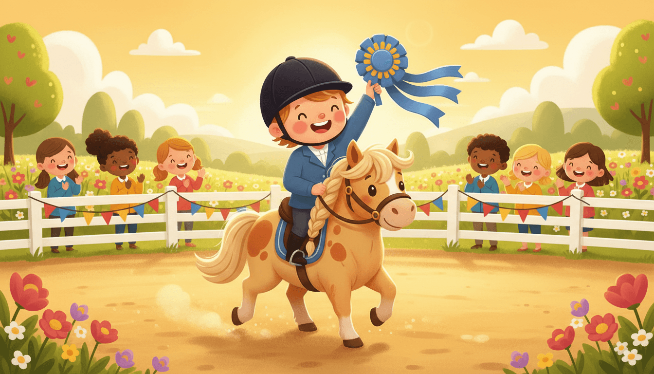 A beaming little child rider trotting a pretty pony around a sunny show ring and proudly holding up a big blue first-place ribbon