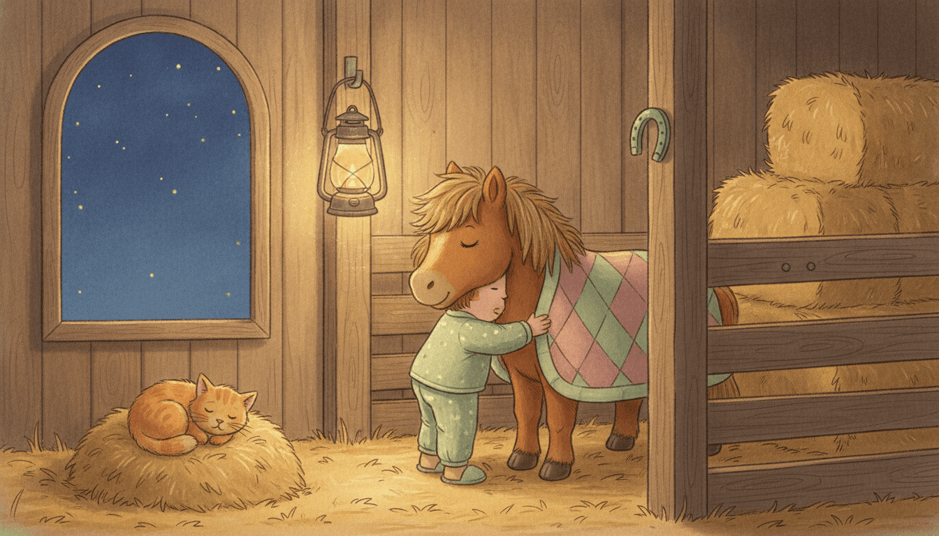 A sleepy little child tucking a cozy pony into a snug straw-filled stall with a glowing lantern under a starry night sky