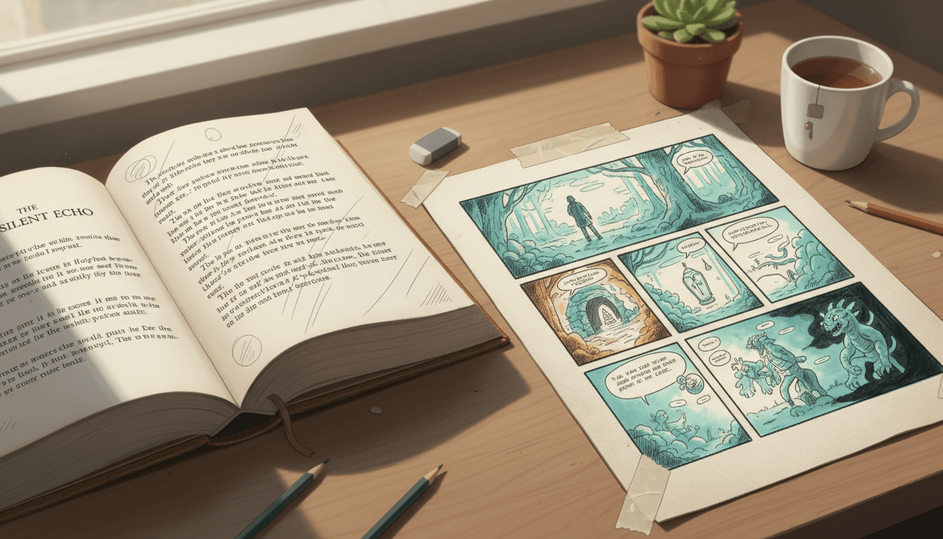 An open novel marked up in pencil beside a hand-drawn six-panel comic breakdown of the same passage