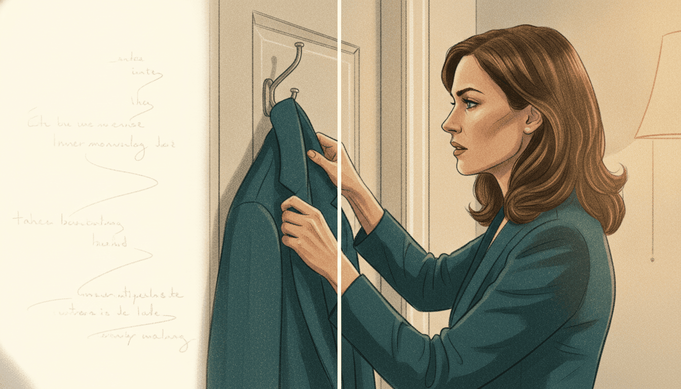 A line of interior monologue shown converted into a drawn moment of a woman lifting a coat away from a door