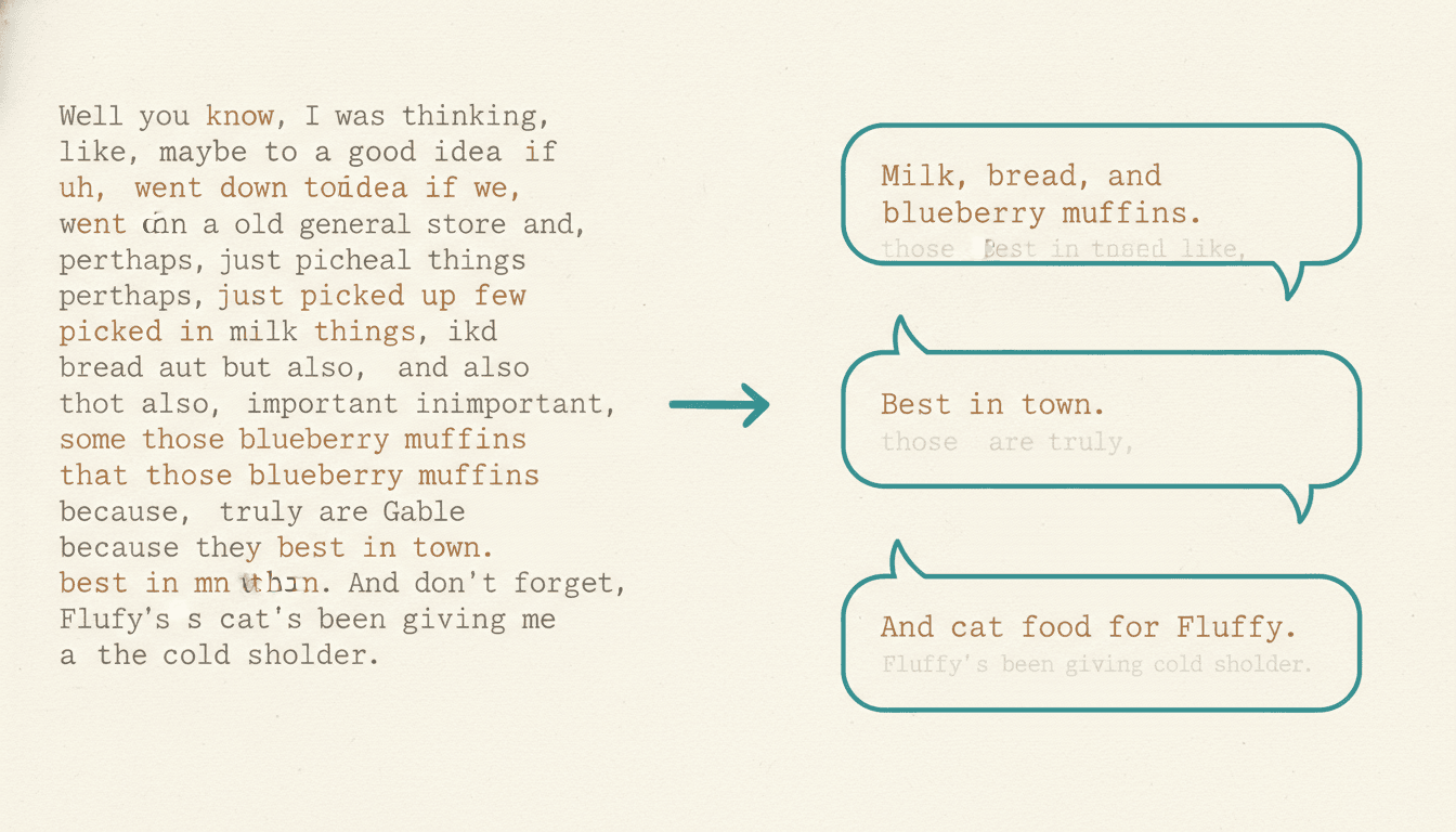 A long paragraph of novel dialogue trimmed down into three comic speech balloons