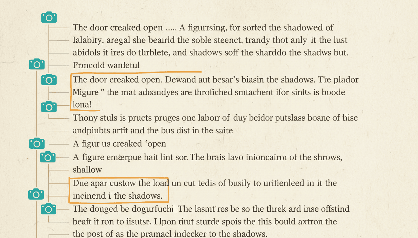 A marked-up manuscript with camera icons pinned beside the moments where something visibly happens