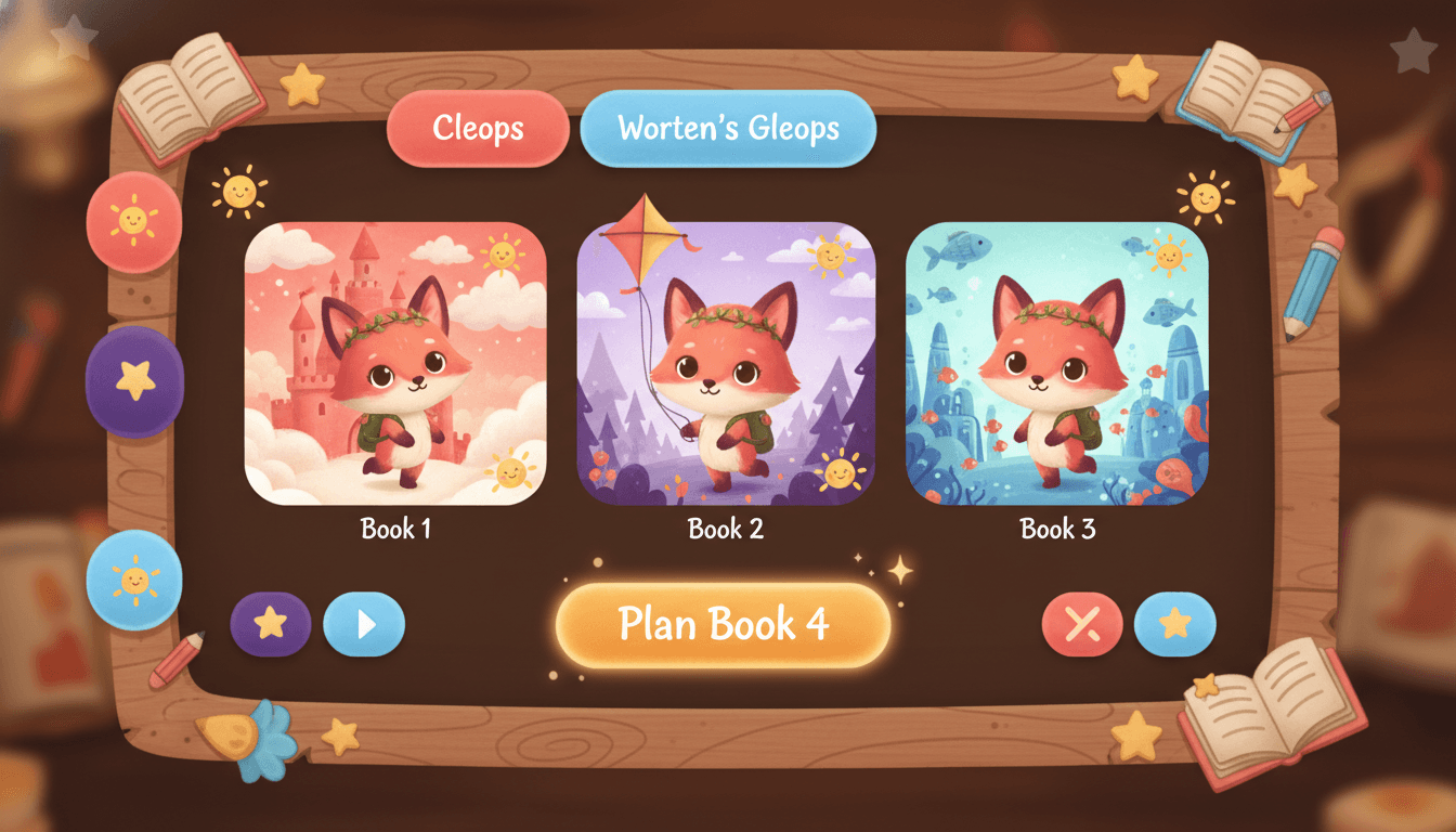 A children's book series builder showing Book 1, 2 and 3 with the same hero on every matching cover