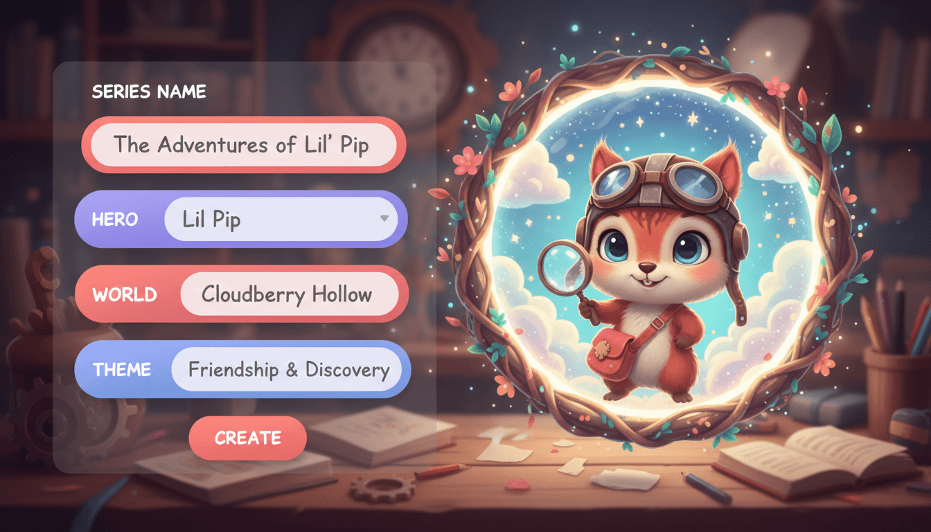 A children's series builder interface with fields for series name, hero, world and theme beside a live character portrait