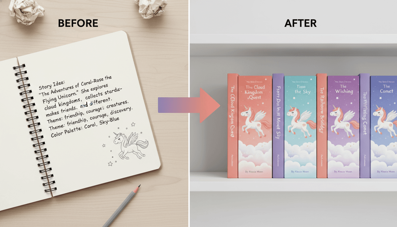 A before-and-after showing one story idea turned into a row of matching illustrated children's book volumes