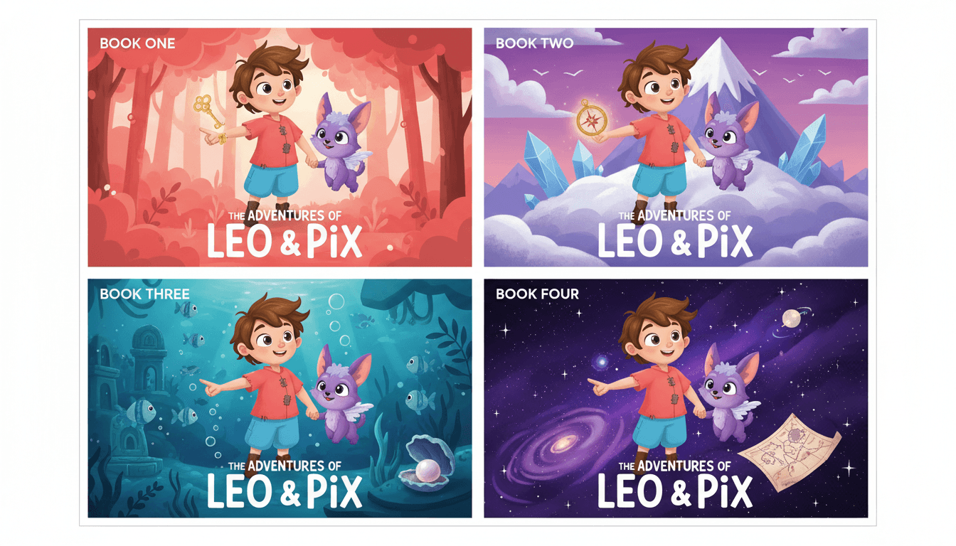 The same child hero rendered identically across four sequential children's book covers