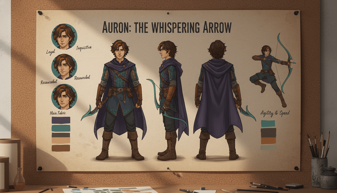 A character design sheet showing how to create characters for a story with turnarounds, traits and color notes