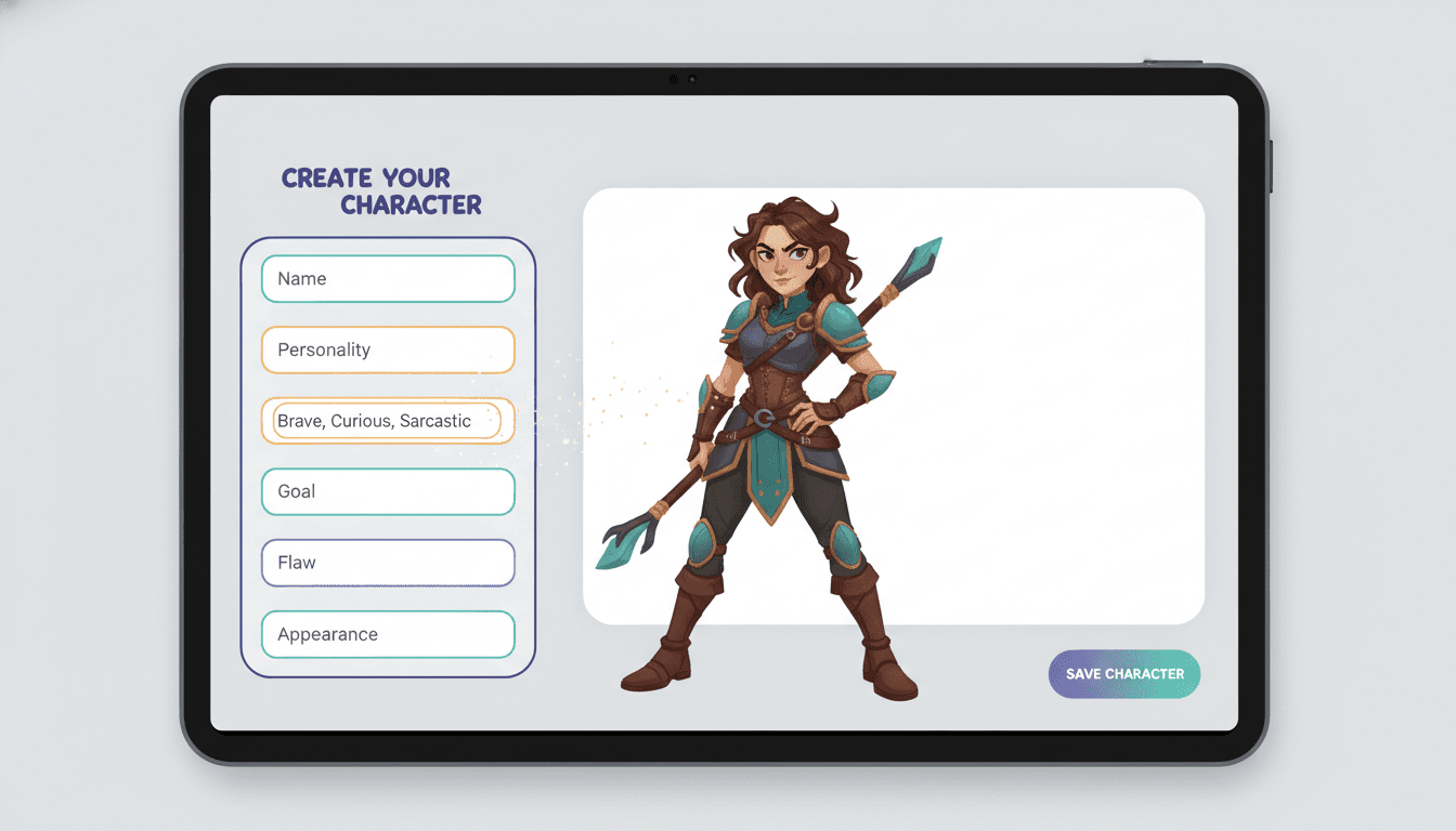 A character builder interface with fields for name, personality, goal, flaw and appearance beside a live portrait