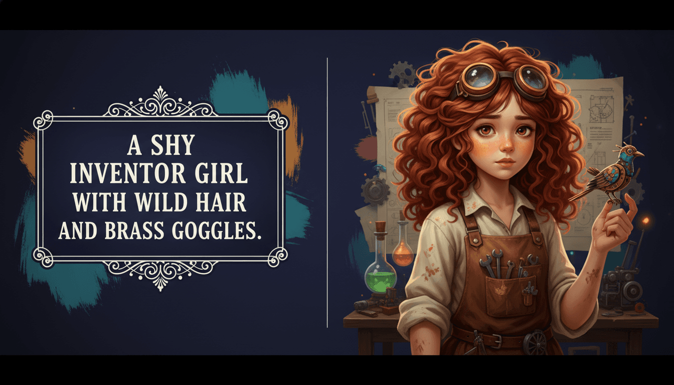 A before-and-after showing a written character description turned into a finished illustrated character portrait