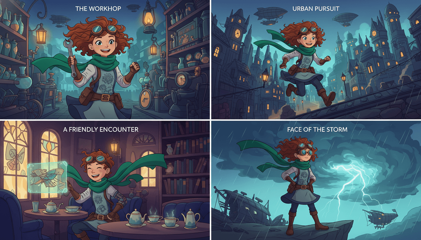 The same story character rendered on-model across four different illustrated scenes
