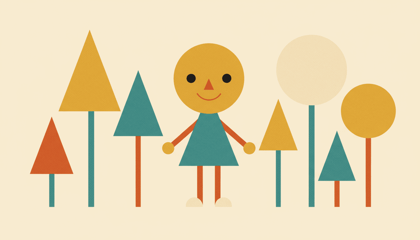 Mid-century modern picture book page of a child built from a circle head, a mustard trapezoid dress and straight stick legs, standing among triangular and lollipop-round trees in flat blocks of mustard, teal and burnt orange