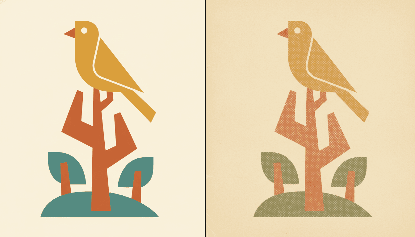 The same mid-century bird-on-a-tree scene twice: bright saturated flat colour on the left, and a muted dusty version with halftone dots and misregistered printed layers on the right