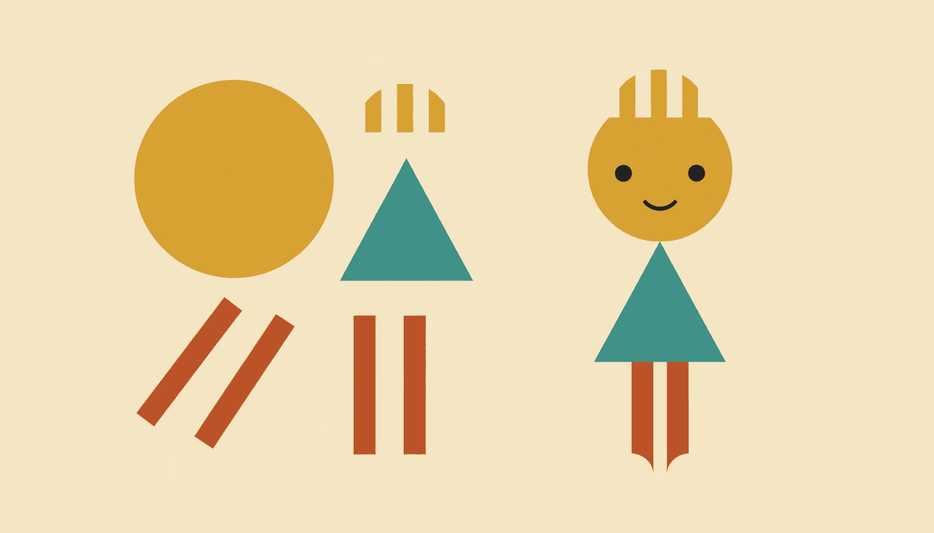 A mid-century modern child character shown first as loose flat geometric parts — circle head, triangle body, rectangle legs — and then assembled into the finished figure in mustard, teal and burnt orange