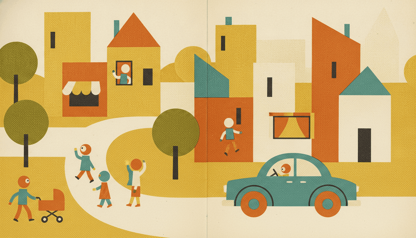 Mid-century modern illustrated town of flat-roofed houses reduced to rectangles and triangles with a boxy teal car and tiny geometric people, in mustard, olive and burnt orange