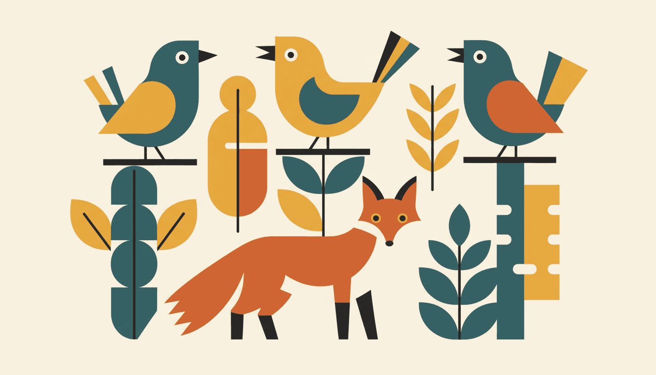 Mid-century modern illustration of three stylised birds and a fox reduced to circles, wedges and sharp triangles among angular reeds, in teal, mustard and burnt orange