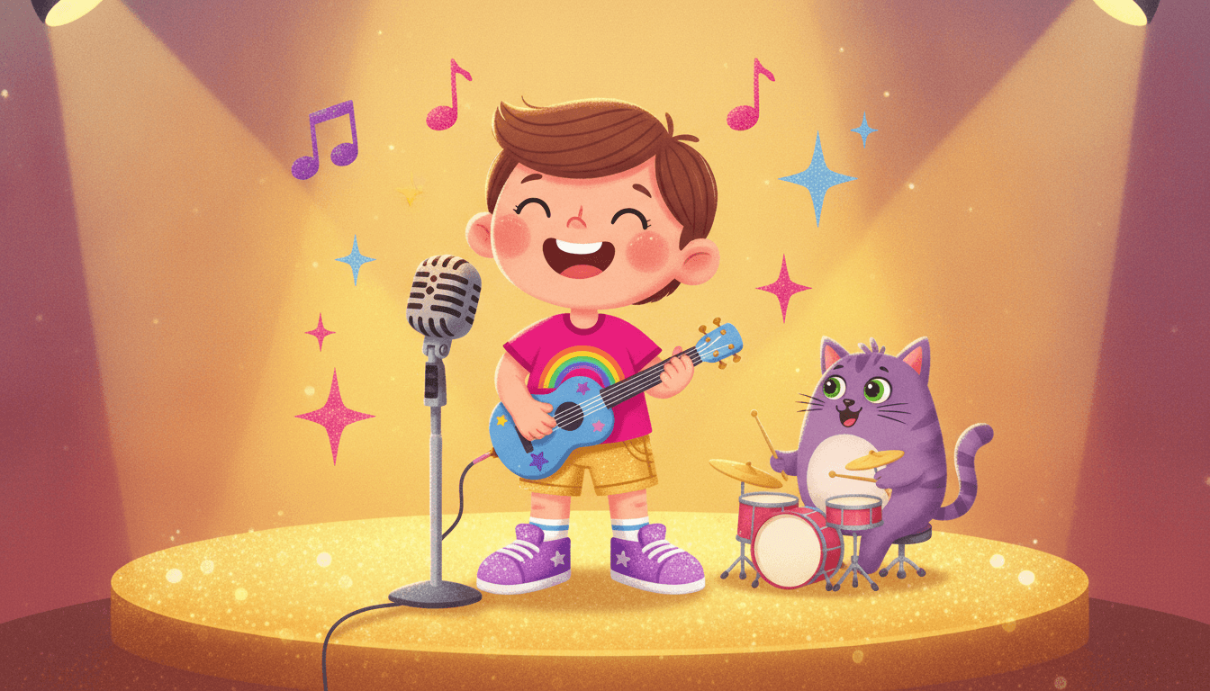 A happy child singing into a microphone on a sparkling little stage holding a small guitar with floating musical notes and a friendly cat on drums in an AI-generated music story