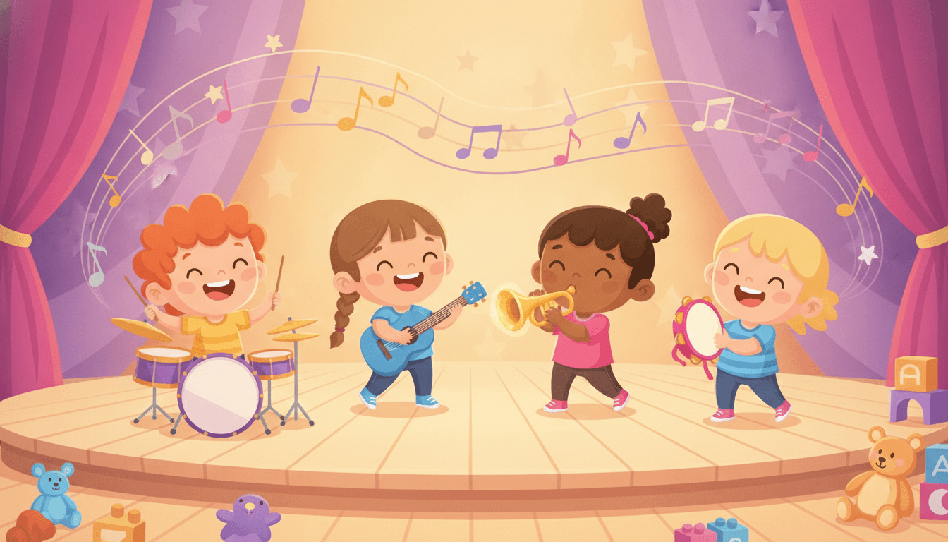 A group of happy little friends in a kids band playing drums, guitar, trumpet and tambourine together on a bright playroom stage