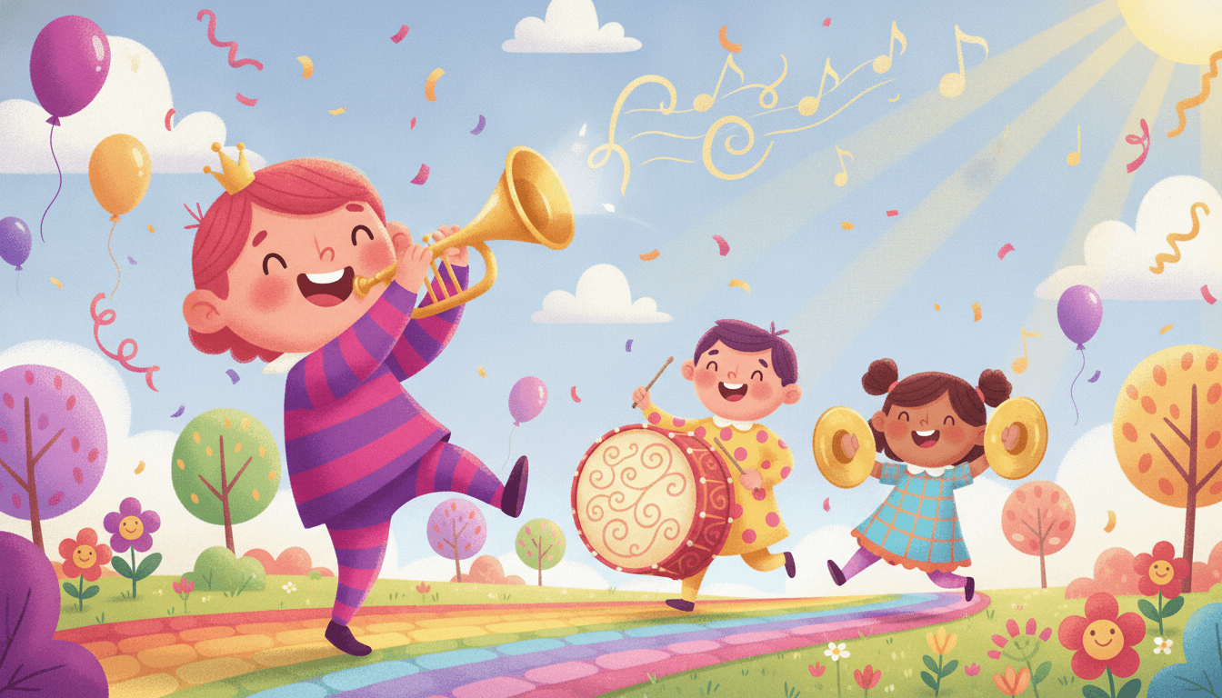 A cheerful child marching in a colorful music parade playing a golden trumpet with friends on bass drum and cymbals, balloons and musical notes