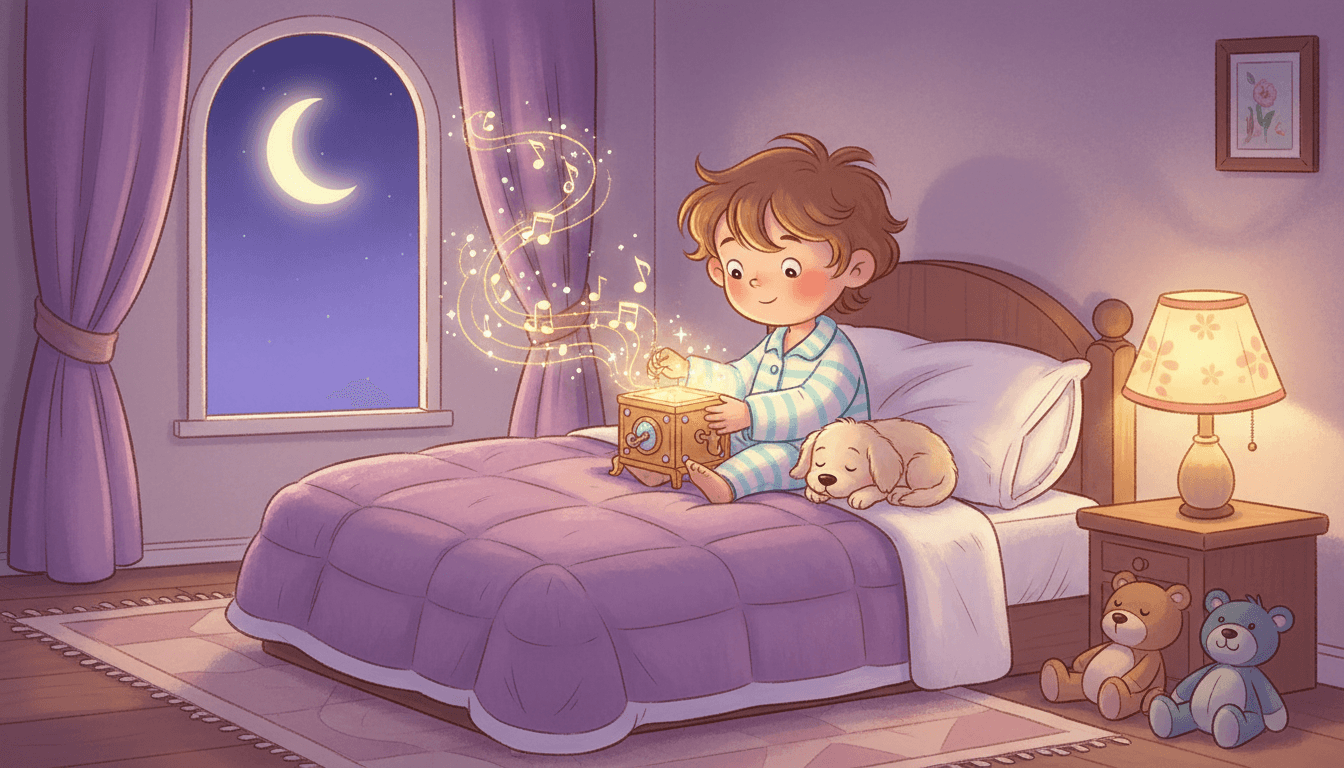 A sweet child in pajamas winding a glowing magical music box at bedtime with soft golden musical notes drifting and a sleepy puppy nearby