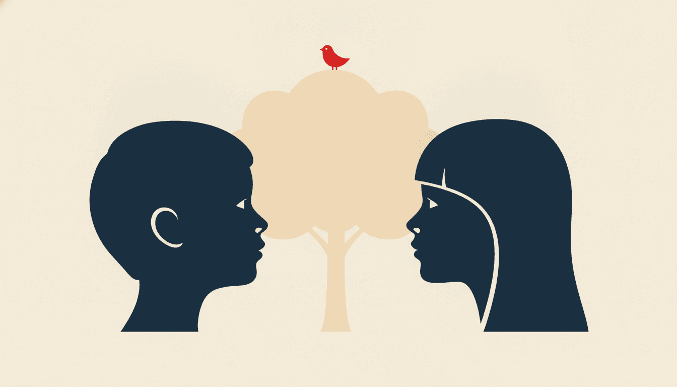 Two children's heads in profile facing each other as solid deep navy silhouettes on a flat warm cream ground, the left with a rounded skull, short hair, a small cream ear curl, a snub nose and full lips, the right with long straight hair falling in one solid wedge behind a blunt fringe and a sharper nose, and the warm cream gap held between their two faces forming a tree, its rounded canopy made by the curve of their foreheads and a slim pale trunk running down between their chins, with one small red bird perched on the very top of the canopy