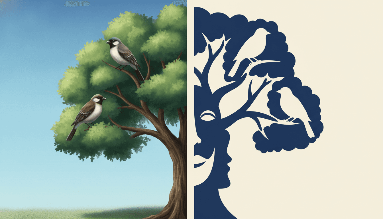 The same tree drawn two ways across one frame split down the middle: on the left a fully rendered version with soft modelled green foliage, a brown textured trunk, a graduated blue sky and grass below, holding two realistically feathered birds on its branches; on the right the same tree reduced to one flat deep navy shape on plain cream, where one bird is a solid navy silhouette perched on a branch, a second bird is a cream bird-shaped hole cut clean through the canopy, and the cream space running down the trunk forms a human face in profile