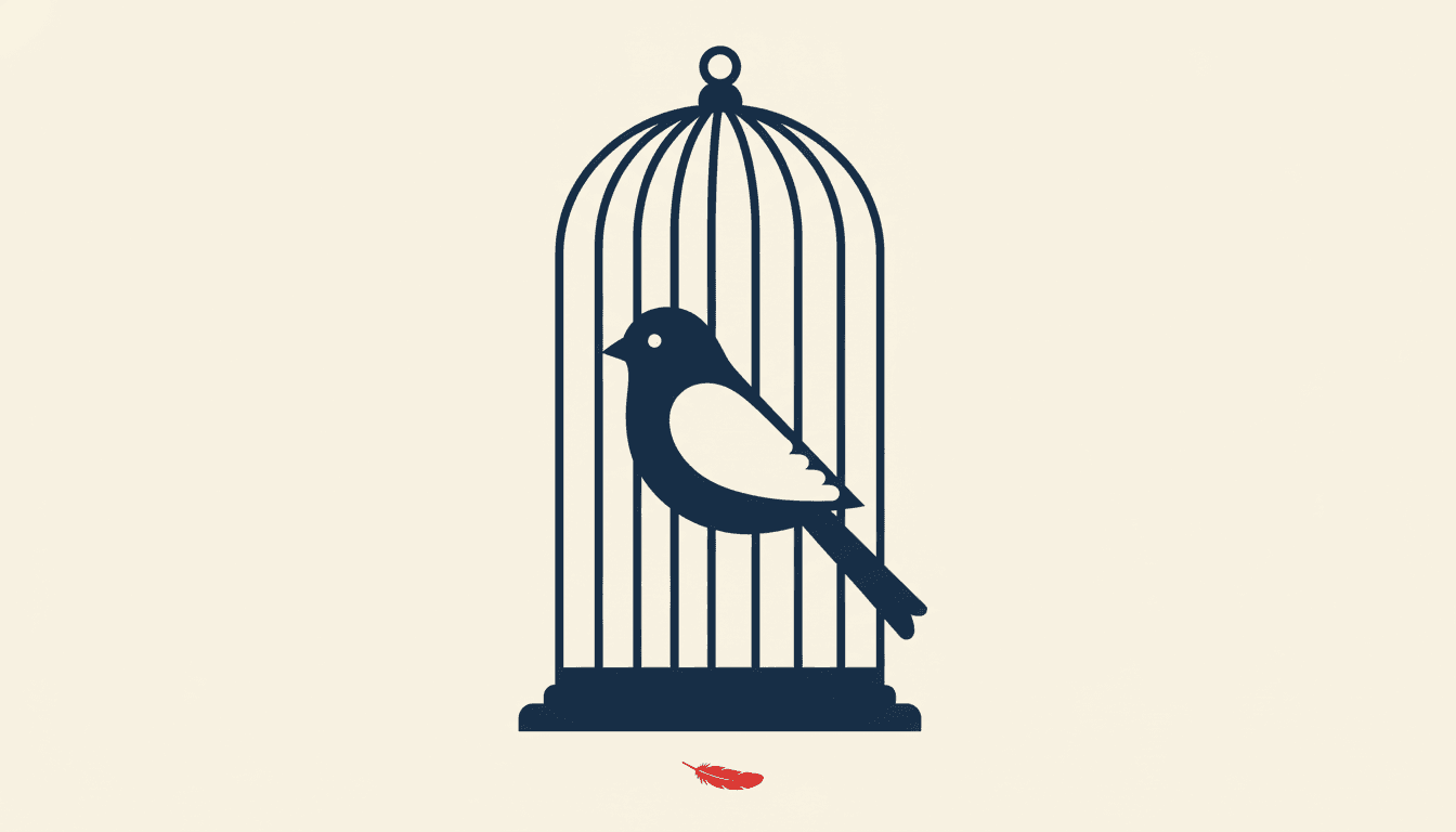 A tall deep navy birdcage on a flat cream ground, drawn with a domed top, a small ring at its peak, a row of thin straight bars and a solid plinth at the base, with a bird inside it that is only half drawn — its head, back, tail and wing tip are navy while its whole breast and body are the cream background showing through, so the bird reads as much as a hole in the cage as an object in it — and one small red feather lying on the cream below the cage