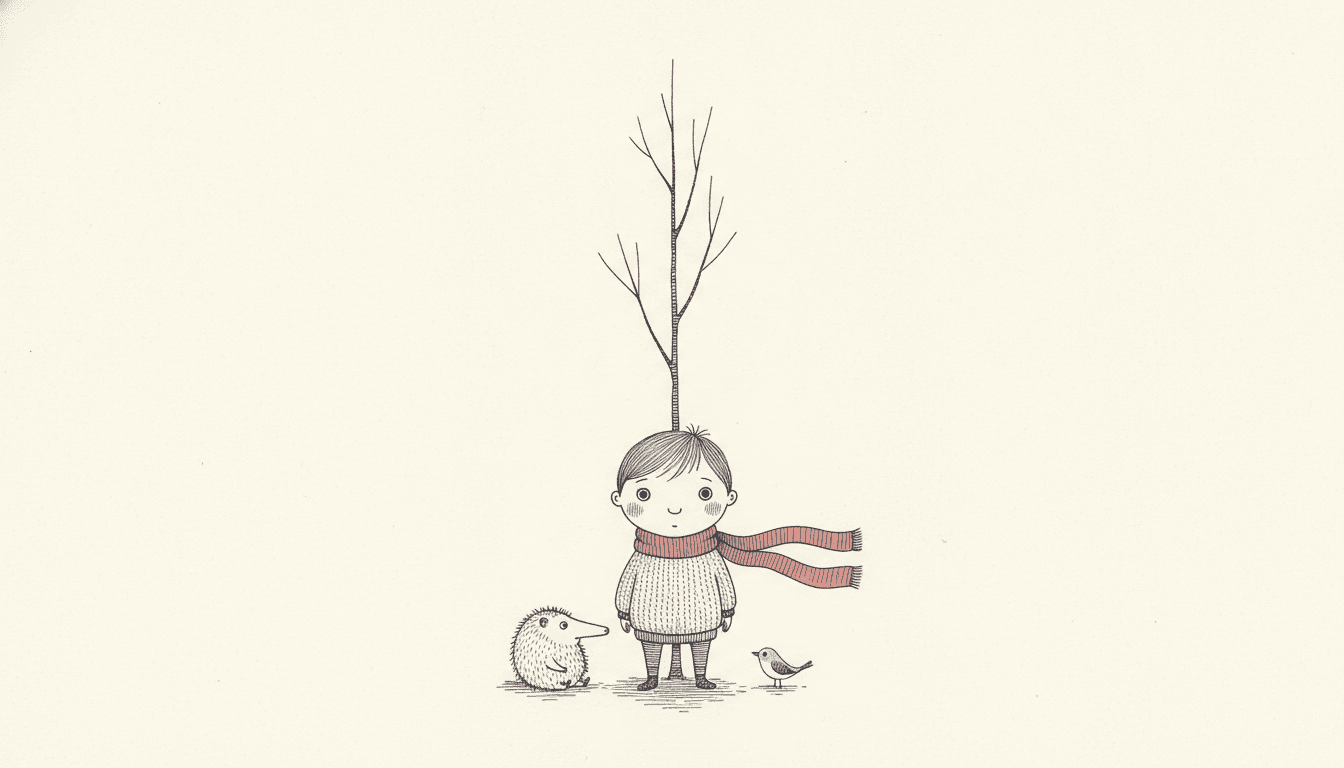 Nordic whimsy picture book illustration of one small child in a knitted jumper standing alone in the middle of a wide empty cream page beneath a tall spindly bare tree, a woolly long-snouted creature and a small pale blue bird beside them, drawn in thin delicate ink lines with the child’s soft red scarf as the only warm colour anywhere in the picture