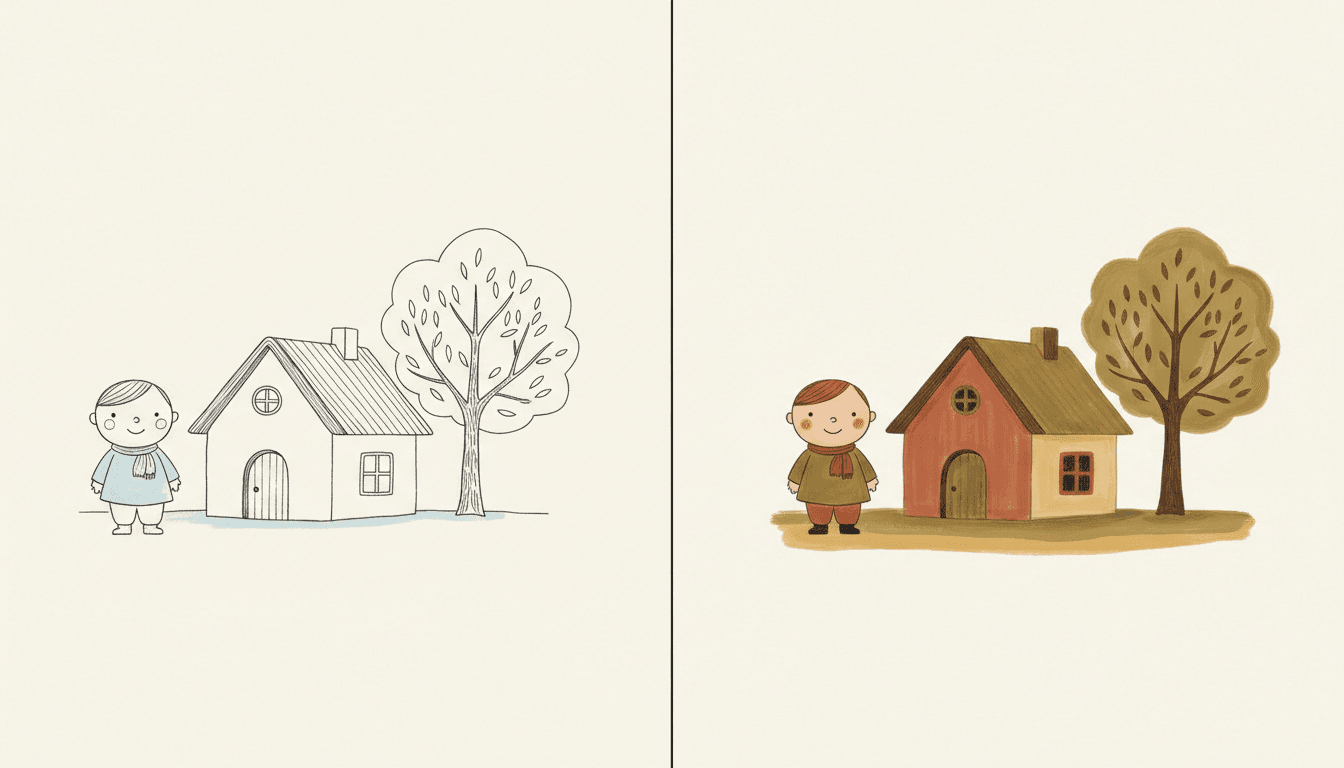 The same scene of a child standing beside a cottage with a tree, drawn twice side by side — on the left in thin cool ink outline with light hatching and generous empty cream paper, and on the right painted in flat matte terracotta, olive and faded mustard with soft brushed edges and no pen line anywhere