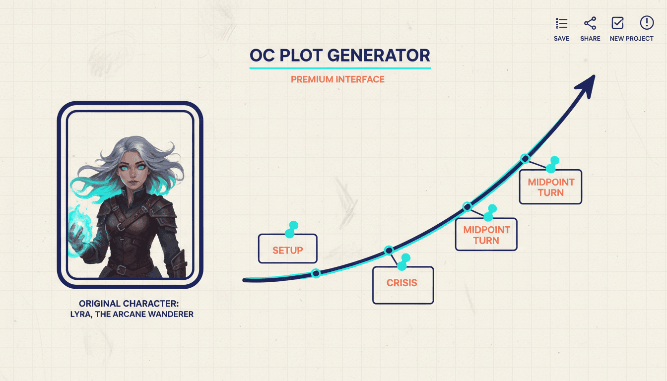 OC plot generator interface with a character portrait beside a rising plot arc, beat cards labelled Setup, Inciting Incident, Midpoint Turn, Crisis and Resolution pinned along the curve