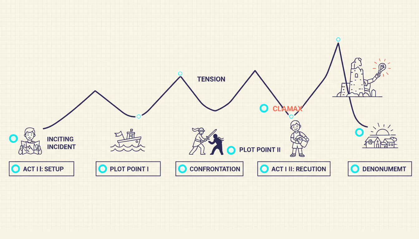 A three-act story structure for an OC plot: a rising tension line crossing three labelled acts with an illustrated vignette at each beat and a spike at the climax
