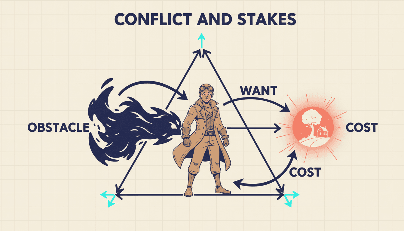 A conflict and stakes diagram with an original character in the centre, an opposing force pressing in and force arrows labelled Want, Obstacle and Cost