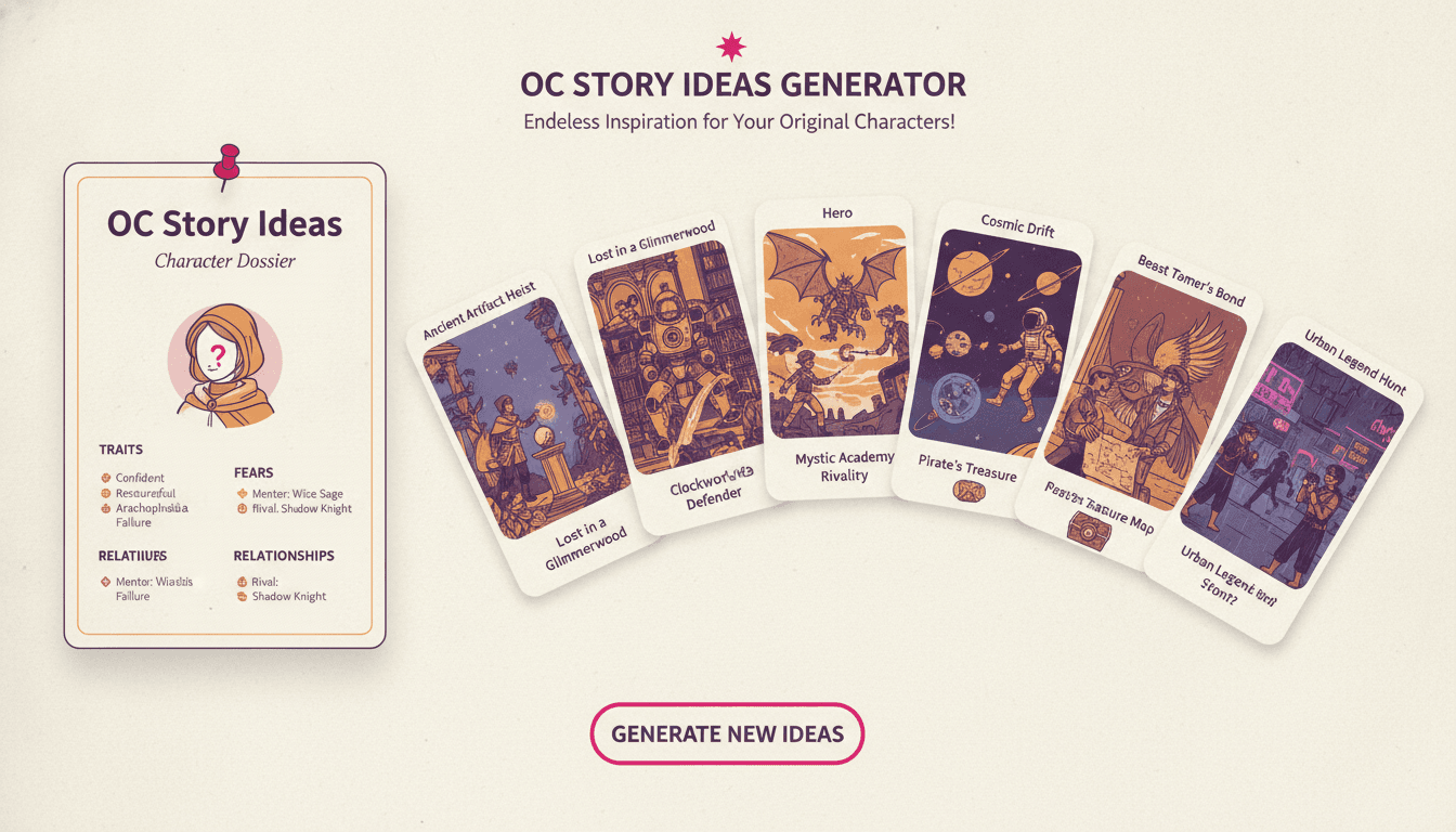 OC story ideas generator interface with a character dossier pinned on the left and a fanned-out shortlist of illustrated story-idea cards spreading to the right