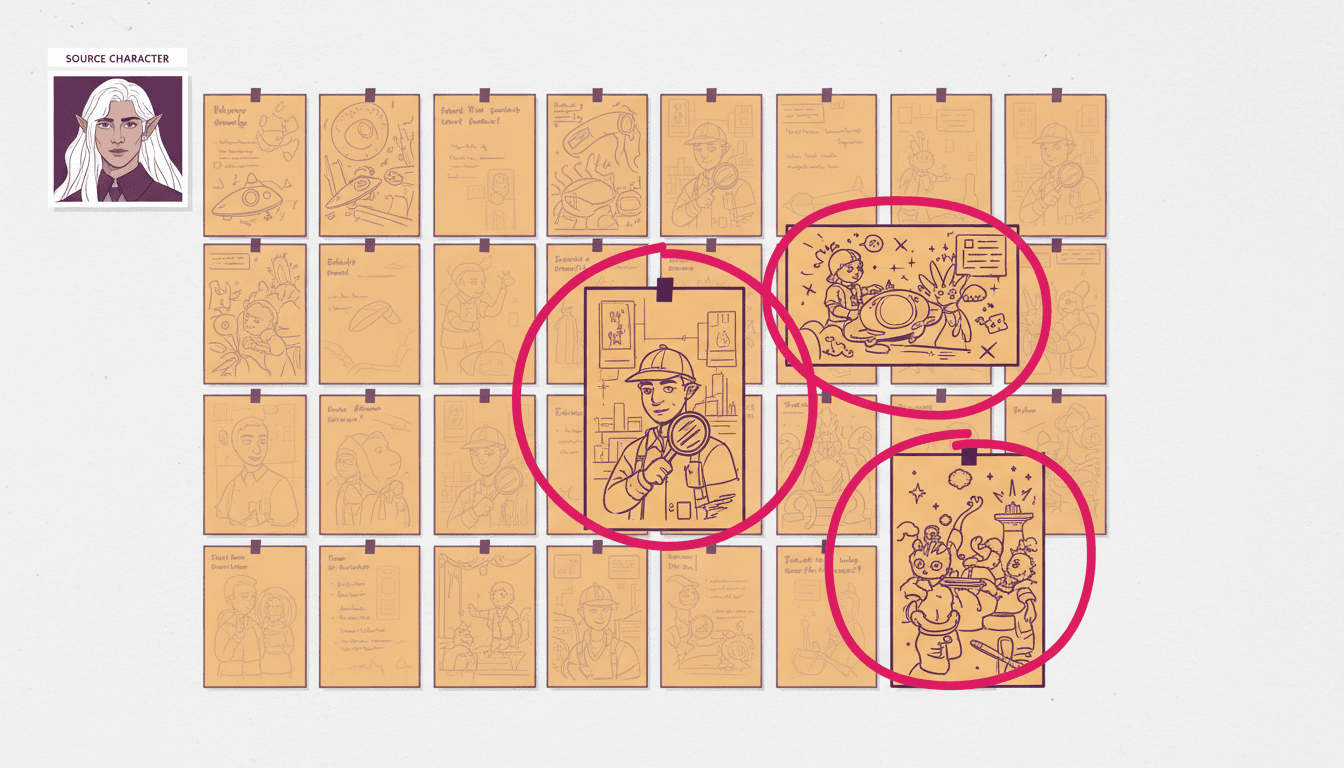 An idea shortlist board on a studio wall with a dense grid of illustrated story-idea cards, most faded back and three pulled forward and circled as the keepers