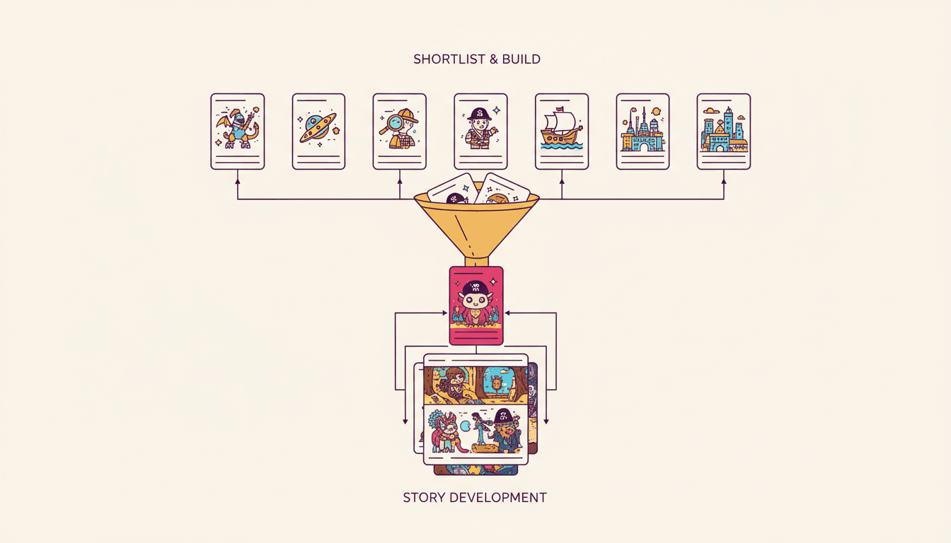 A diagram of a wide row of story-idea cards narrowing to one chosen card, which expands into a stack of finished illustrated story pages