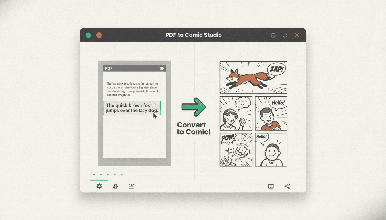 PDF to comic interface showing a PDF page with its text selected on the left and a finished six-panel comic page on the right