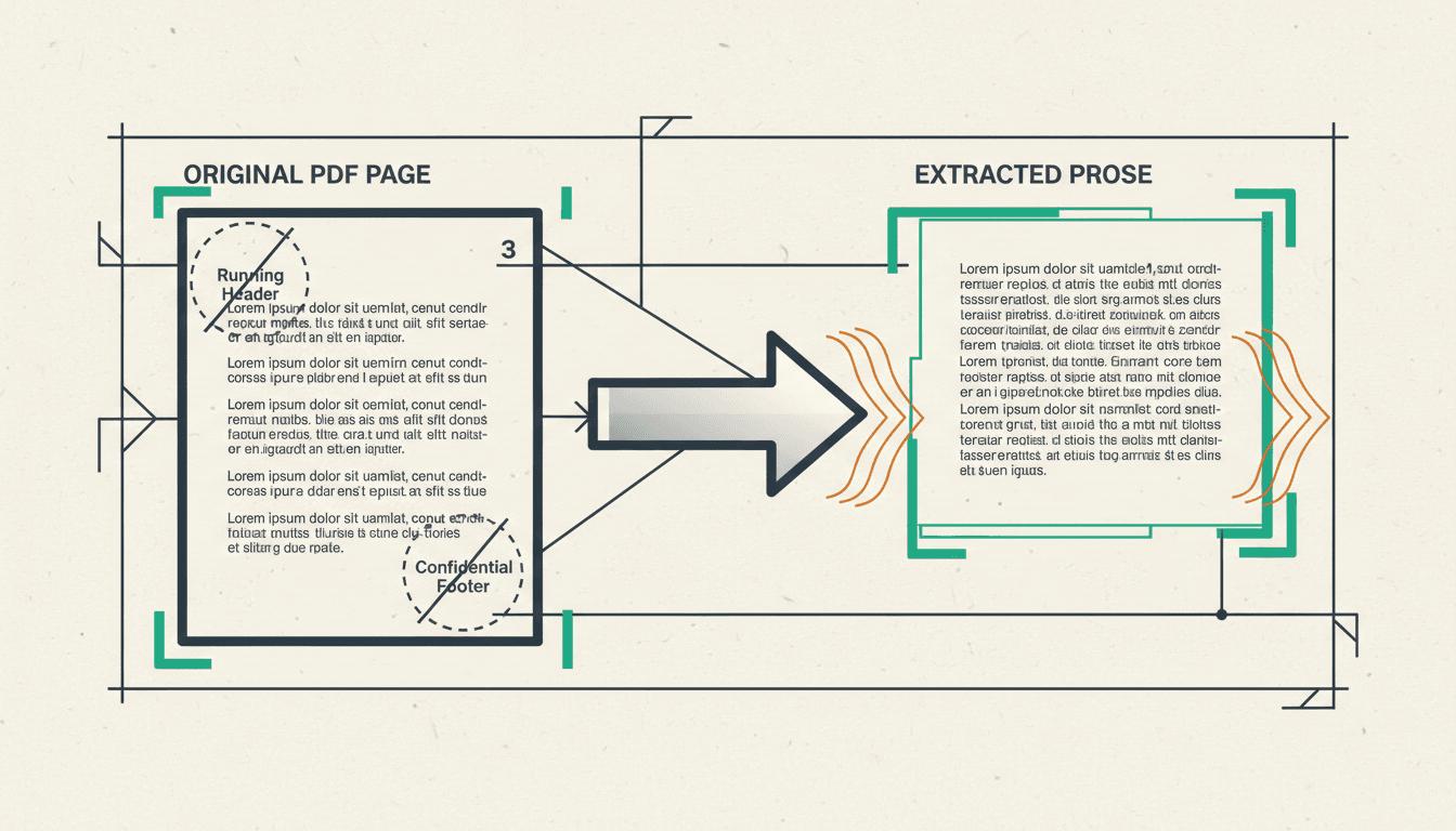 A PDF page with its running header, page number and footer crossed out, leading to a clean block of prose