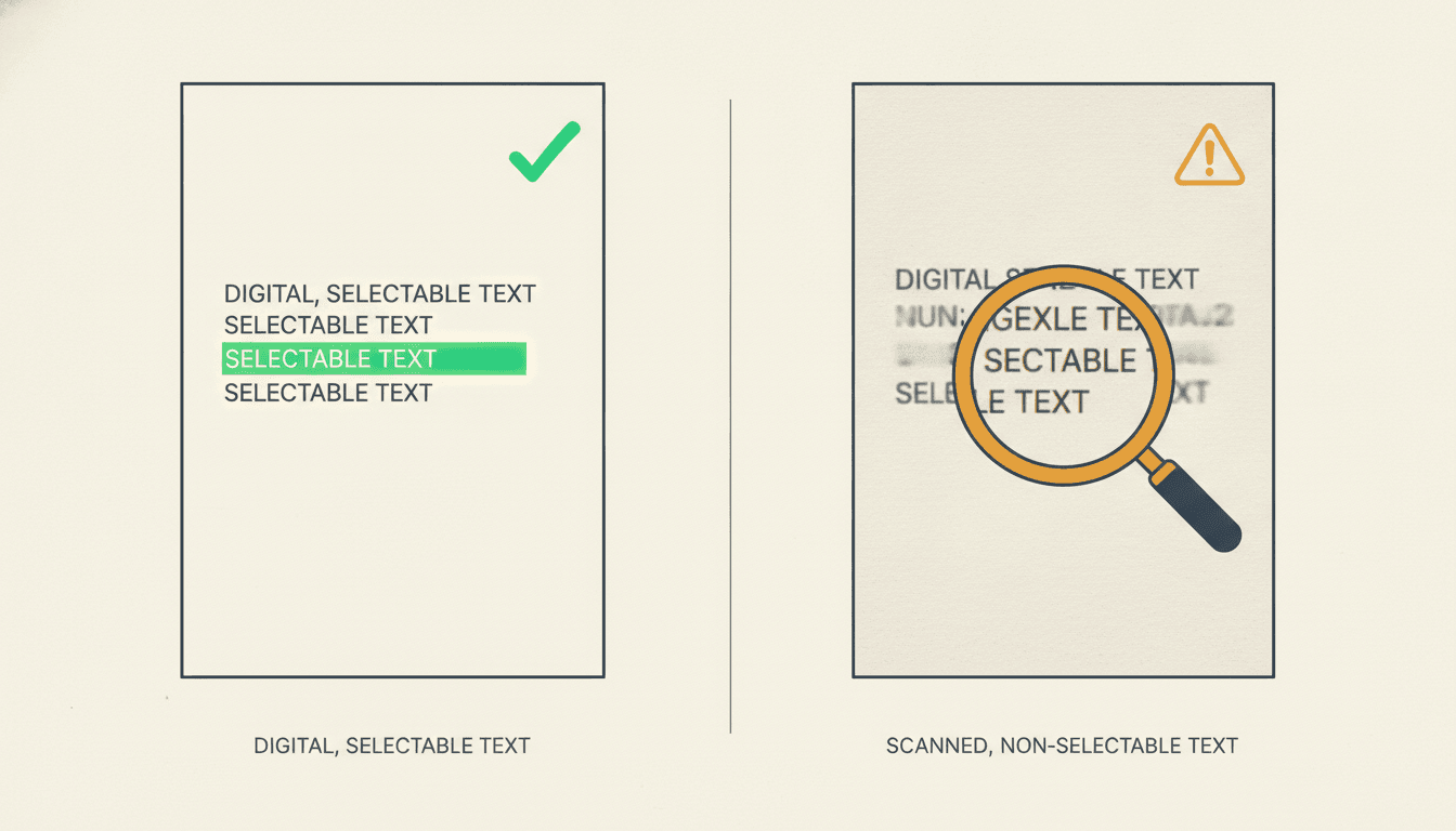 A comparison of a digital PDF page with selectable highlighted text beside a scanned PDF page that is only a flat image