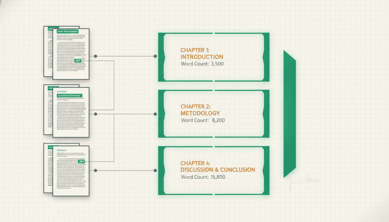 A chapter detection diagram bracketing a column of PDF pages into labelled chapter blocks with word counts