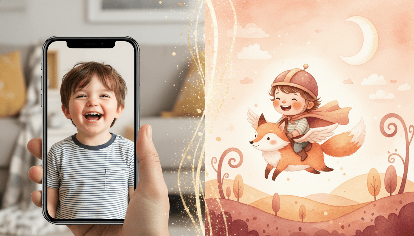 Split-screen of a real child photo on a phone next to the same child reimagined as the hero of a personalized illustrated children's book