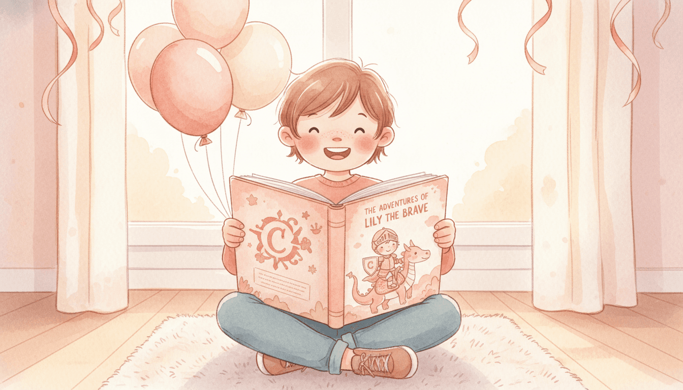 Child holding a printed personalized birthday book with party balloons in the background and the same child on the cover as a knight