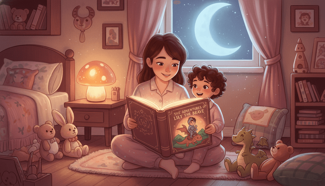 Bedtime scene of a parent reading a personalized story to a small child where the book hero looks just like the real child