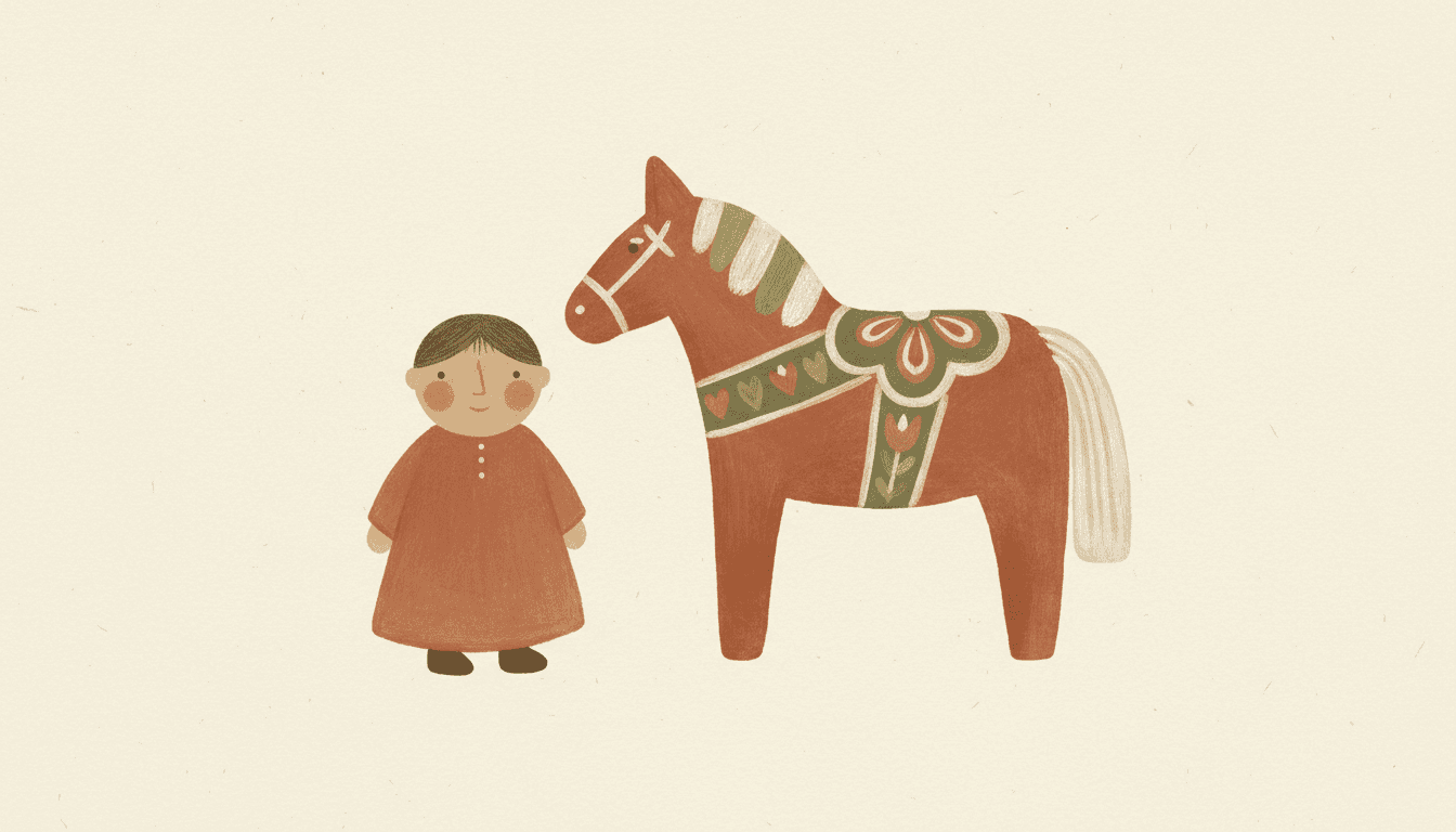 Scandinavian folk art picture book page of a round-faced child in a terracotta smock beside a stout painted folk horse decorated with tulip and heart motifs, in matte terracotta, muted olive and cream with visible brush texture
