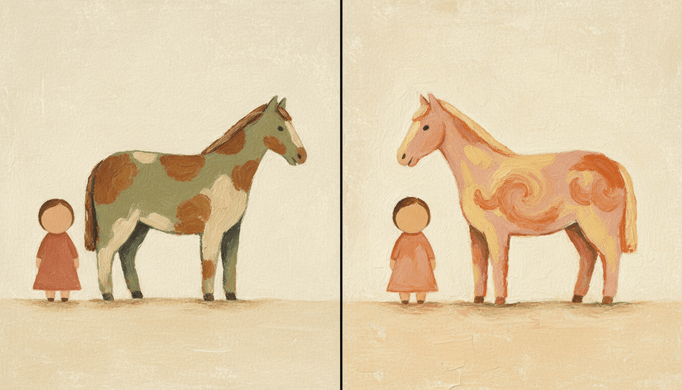The same naive folk child and painted horse twice: restrained matte terracotta and olive with dry brush texture on the left, and creamy high-saturation waxy oil pastel in peach and butter yellow on the right