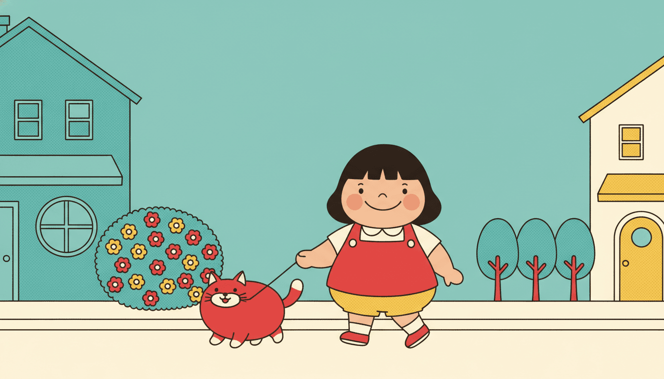 A plump little girl with a dark bob walks a round red cat on a lead along a sunny street. She wears a cherry-red pinafore over a white collared shirt, yellow shorts, striped socks and red shoes, and her round face has two rosy cheeks and a small closed smile. A teal house with a round porthole window stands on the left behind a dome of teal shrub dotted with small red and yellow flowers, a cream house with a yellow door and awning stands on the right beside three oval teal trees on red trunks, and a wide band of flat teal sky fills the top. Every colour is one flat printed area carrying a fine halftone dot texture, and nothing in the picture casts a shadow on the cream pavement